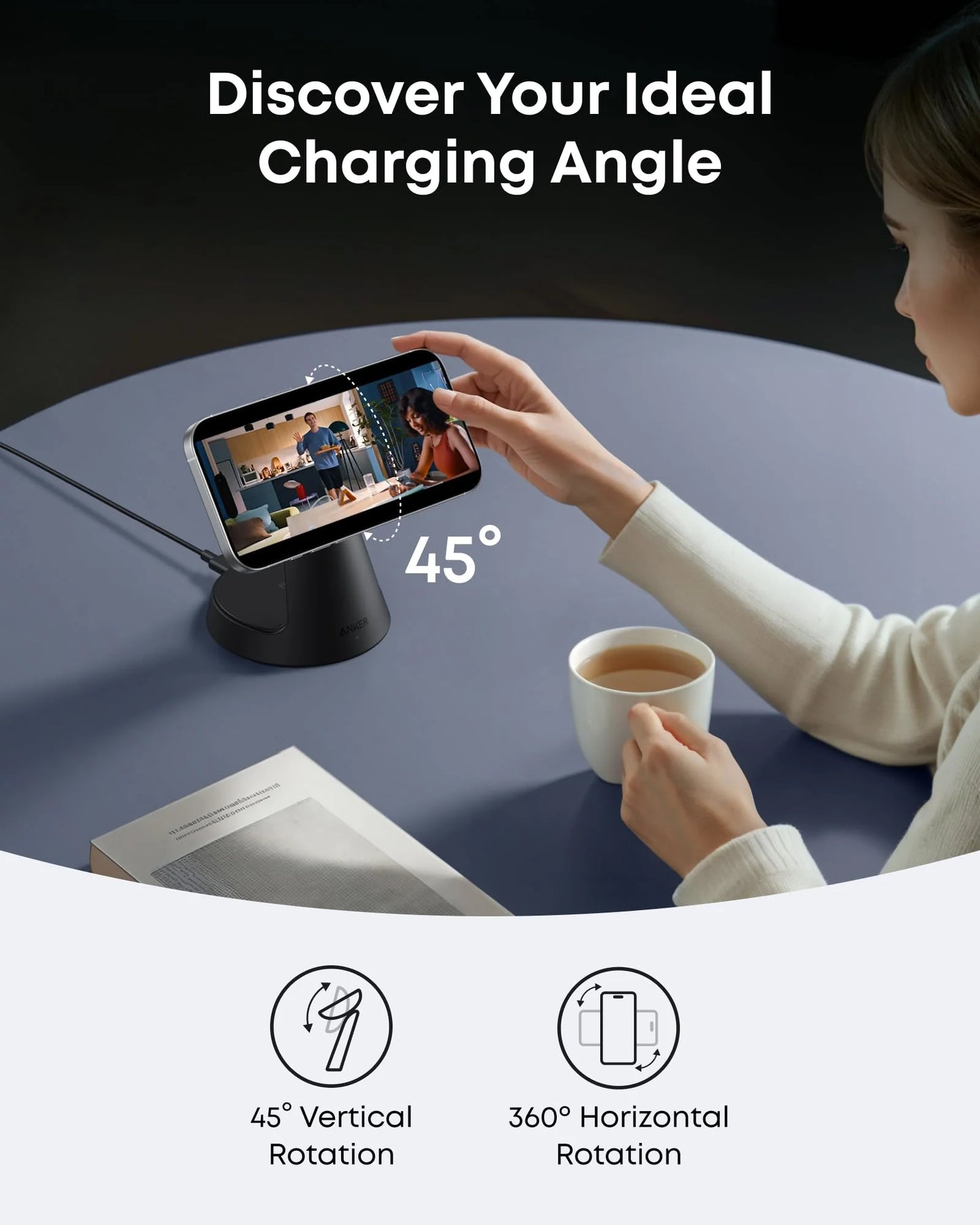 محطة الشحن اللاسلكية انكر ماج جو 3 في 1, قاعدة شحن 15 واط سريعة بتقنية ماج سيف للايفون | Anker MagGo Wireless Charging Station (3-in-1 Dock Stand), 15W MagSafe Fast Wireless Charger for iPhone