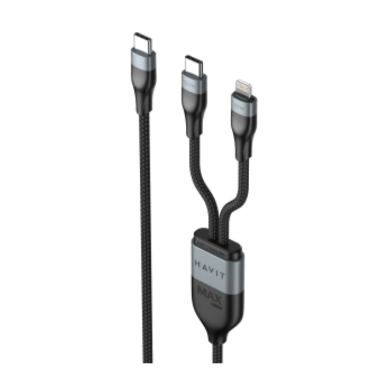 Havit CB6326 Cable Type-C to Type-C+ Lightning 1.2m 100W - كيبل تايب سي الى تايب سي ولايتننغ سريع الشحن بطول متر من هافيت
