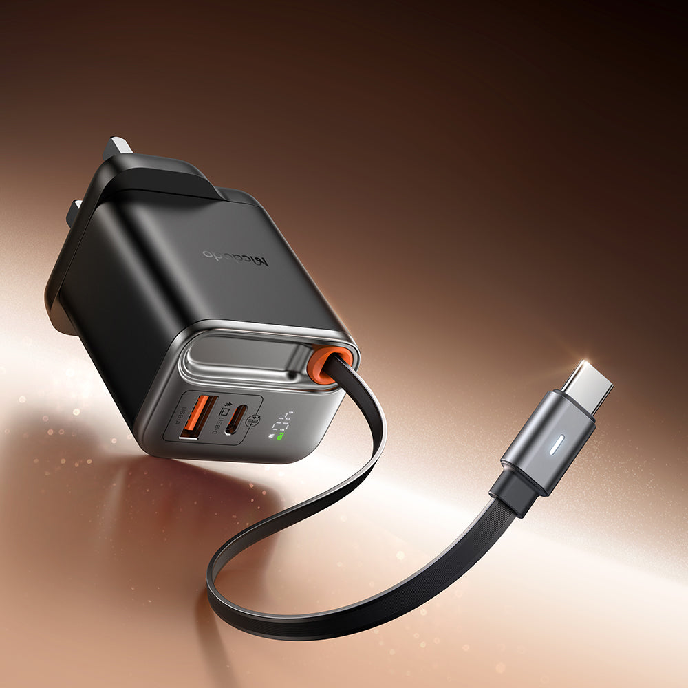 شاحن مكدودو فري جو GaN بقدرة شحن 40 واط مع كيبل تايب سي مدمج وشاشة عرض رقمية | MCDODO FreeGo 40W GaN Charger with Built-in 65cm Retractable USB-C Cable & Digital Display