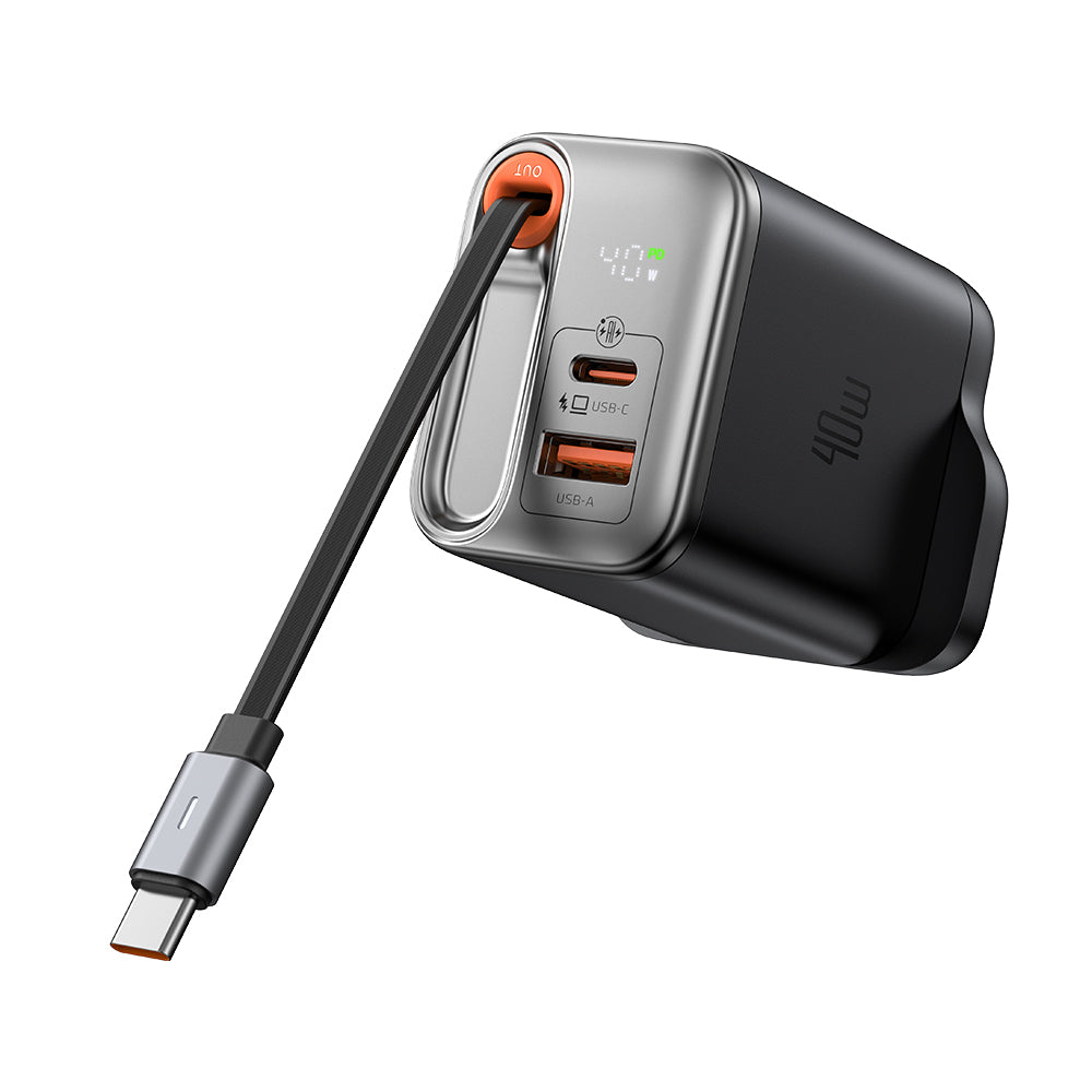 شاحن مكدودو فري جو GaN بقدرة شحن 40 واط مع كيبل تايب سي مدمج وشاشة عرض رقمية | MCDODO FreeGo 40W GaN Charger with Built-in 65cm Retractable USB-C Cable & Digital Display