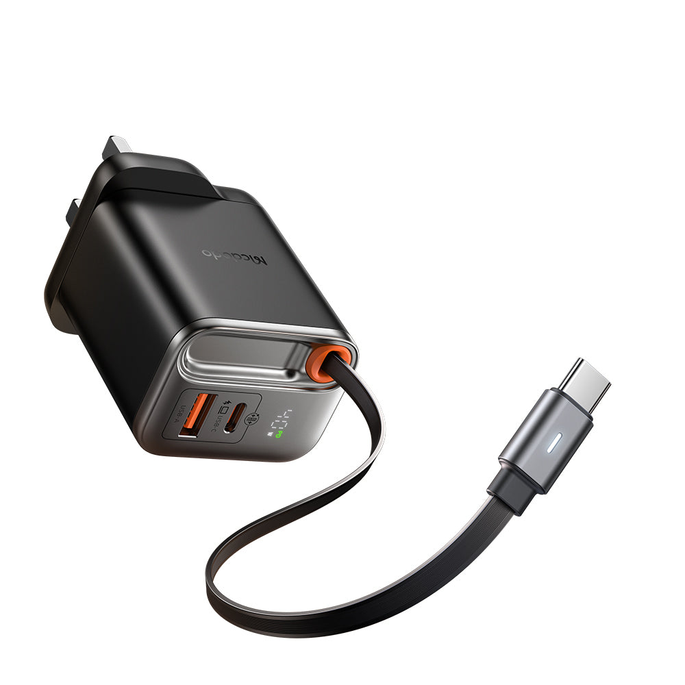 شاحن مكدودو فري جو GaN بقدرة شحن 40 واط مع كيبل تايب سي مدمج وشاشة عرض رقمية | MCDODO FreeGo 40W GaN Charger with Built-in 65cm Retractable USB-C Cable & Digital Display