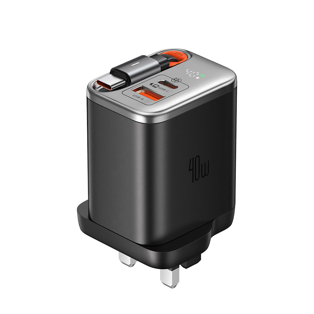 شاحن مكدودو فري جو GaN بقدرة شحن 40 واط مع كيبل تايب سي مدمج وشاشة عرض رقمية | MCDODO FreeGo 40W GaN Charger with Built-in 65cm Retractable USB-C Cable & Digital Display