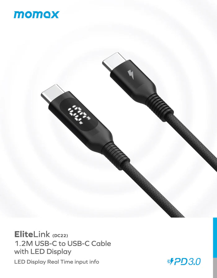 Momax ELITELINK 1.2M USB-C to USBC cable with LED display - إليت لينك كابل شاشة ليد مجدول من تايب س إلى تايب سي بقدرة 100 وات 1.2 متر من موماكس
