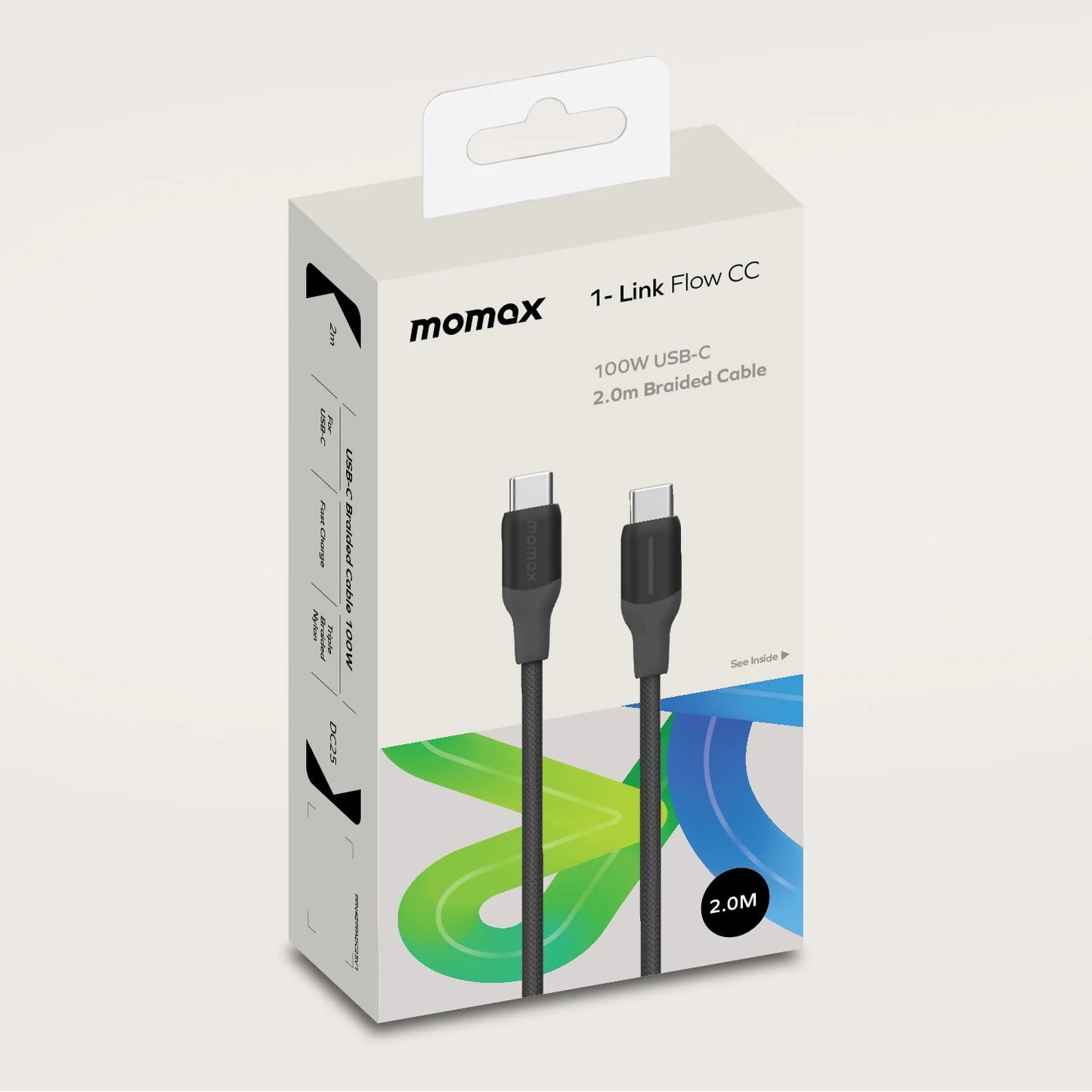 Momax 1‑Link Flow CC 100W USB‑C to USB‑C Braided Cable, 2 m - كيبل موماكس 1-لنك فلو, USB-C الى USB-C, نايلون مضفر, بقدرة 100 واط, طول 2م