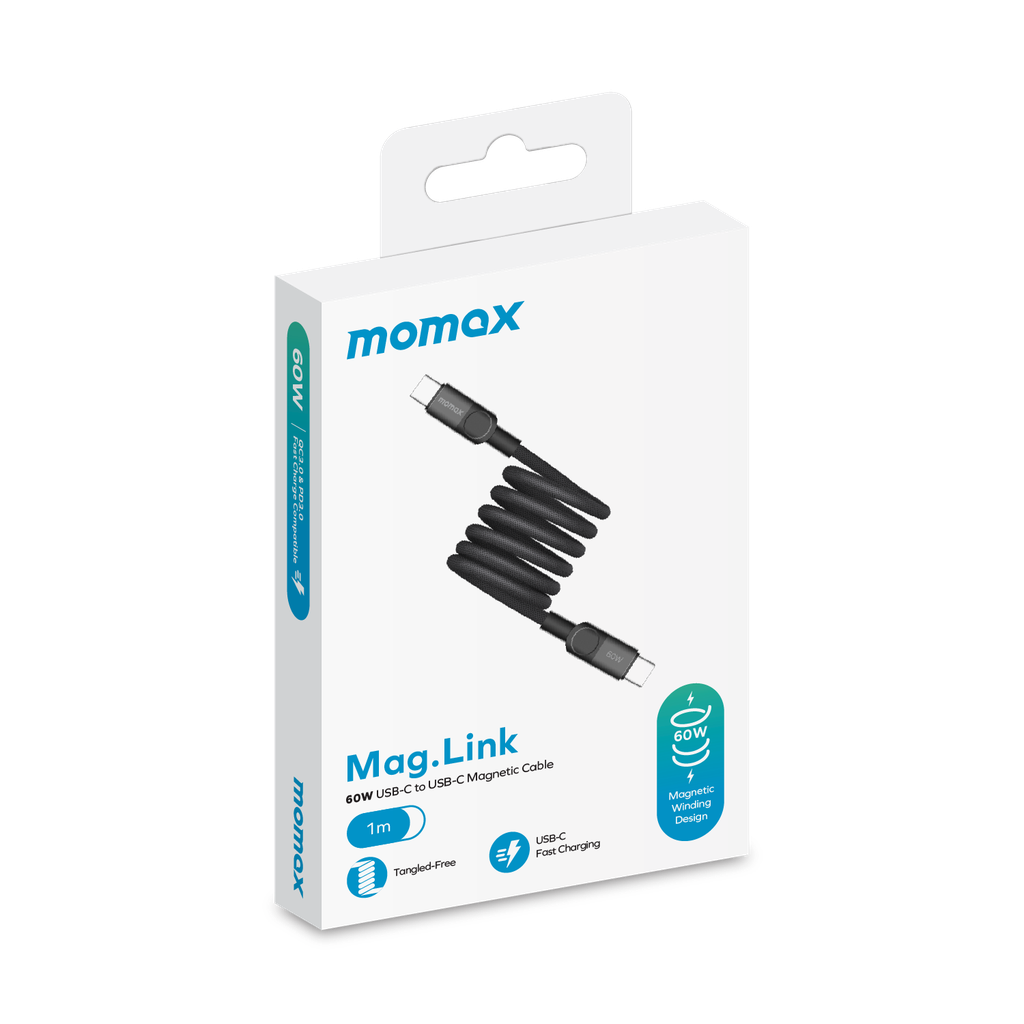Momax Mag.Link 60W Magnetic USB‑C to USB‑C Cable, 1 m - كيبل موماكس ماج لنك المغناطيسي, USB-C الى USB-C, شحن 60 واط, طول 1م