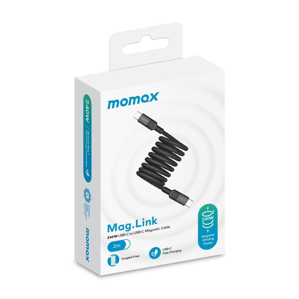 Momax Mag.Link 240W Magnetic USB‑C to USB‑C Cable, 2 m - كيبل موماكس ماج لنك المغناطيسي, USB-C الى USB-C, بقوة 240 واط, طول 2م