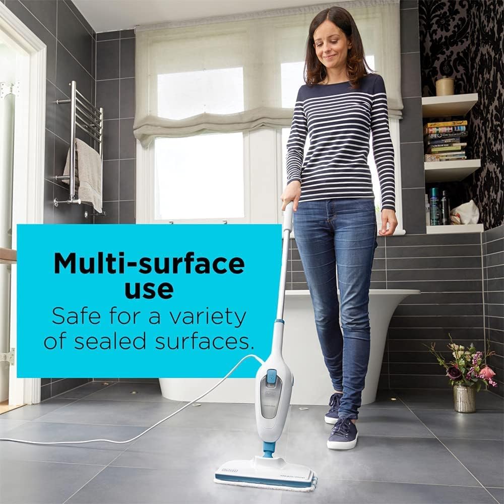 Black+Decker 5 in 1 Steam Mop with Super-Heated Steam - مكنسة بخارية كهربائية 1300 واط مع بخار فائق ورأس دوار ووسادة ألياف دقيقة