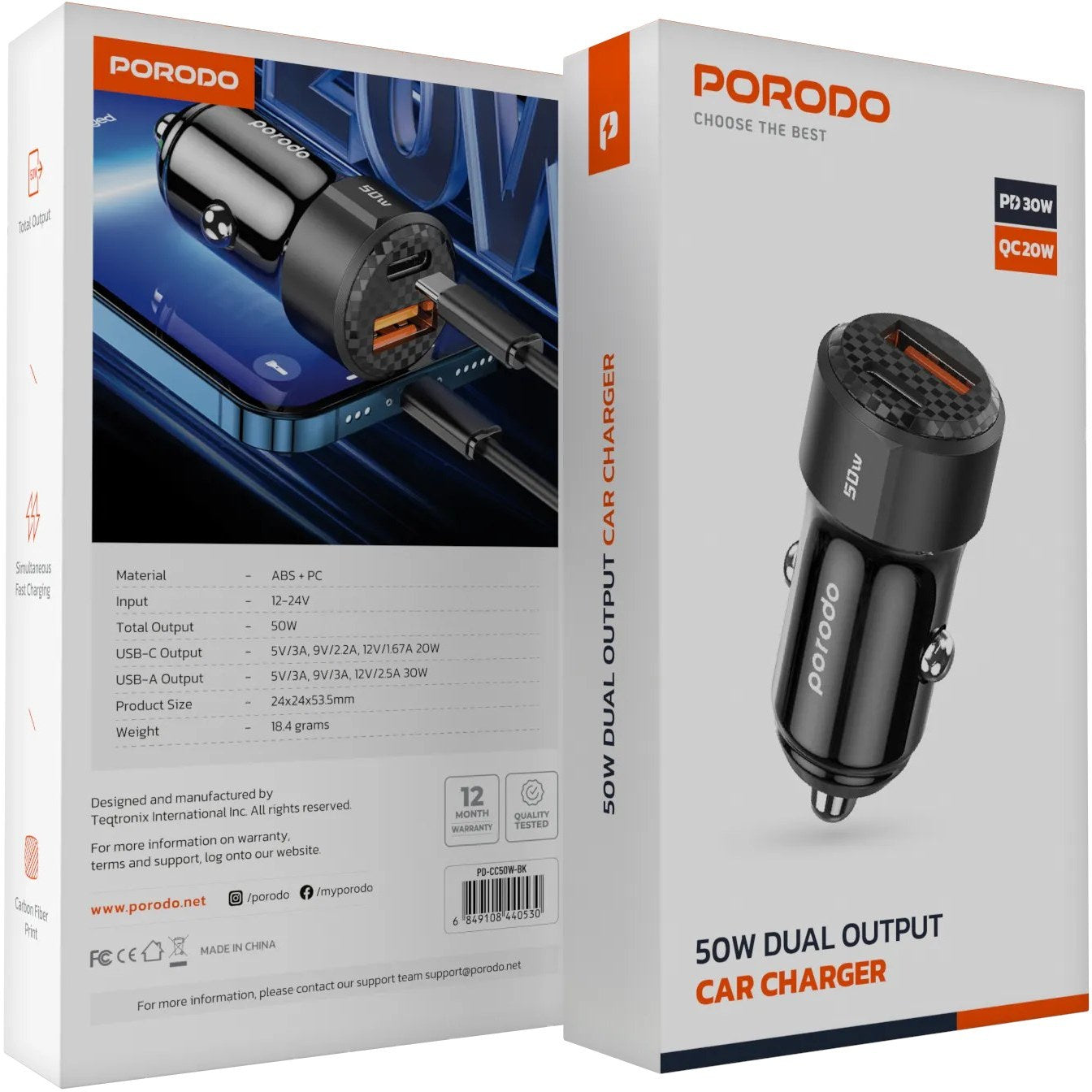 شاحن سيارة ثنائي المنفذ بقدرة 50 واط مع كيبل يو اس بي سي الى يو اس بي سي - اسود | Porodo 50W Dual Port Car Charger PD 20W QC 30W with C to C Cable – Black