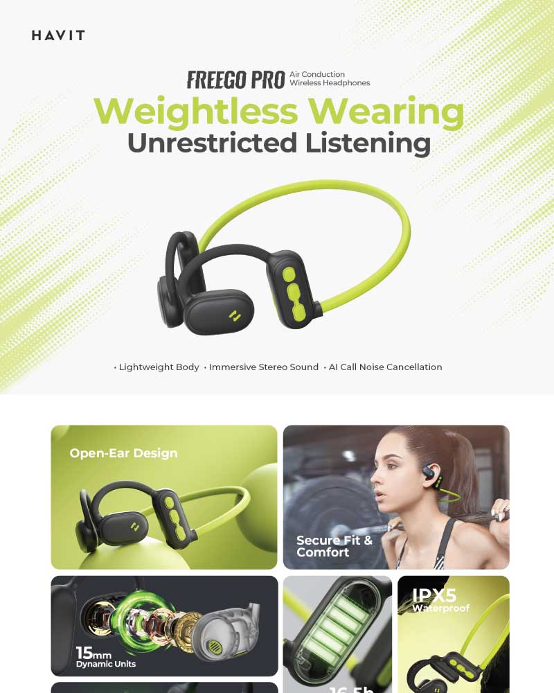 سماعة هافيت فري جو برو E553BT بتوصيل هوائي لاسلكي | HAVIT Freego Pro E553BT Wireless Air Conduction Headphones