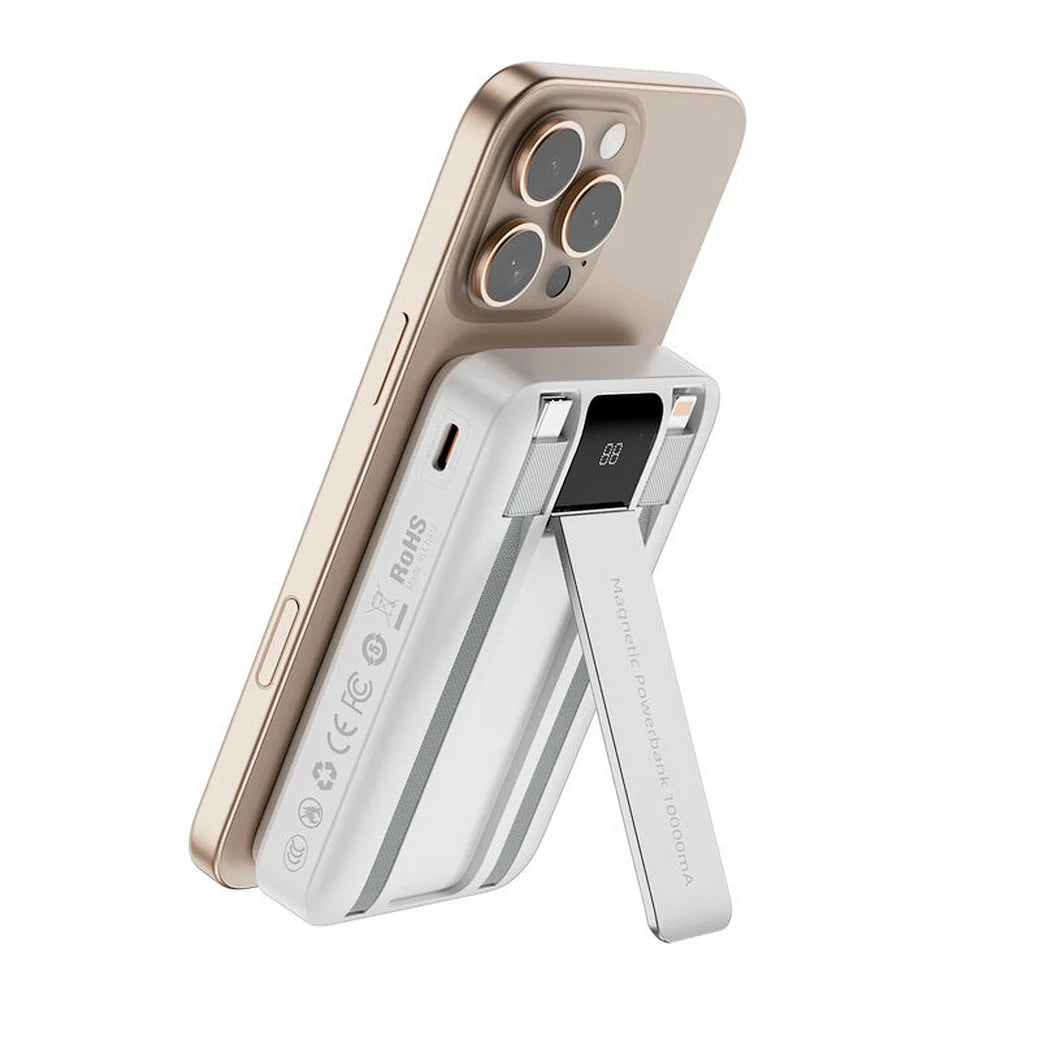 باور بانك ويوو بسعة 10000 مللي امبير مع شحن سريع 22.5 واط وكيبل لايتننغ وتايب سي مدمجين مع مسند | WiWU Duke Wi-P061 10000mAh Power Bank, 22.5W Fast Charging with Built-in Type-C & Lightning Cables and Stand.