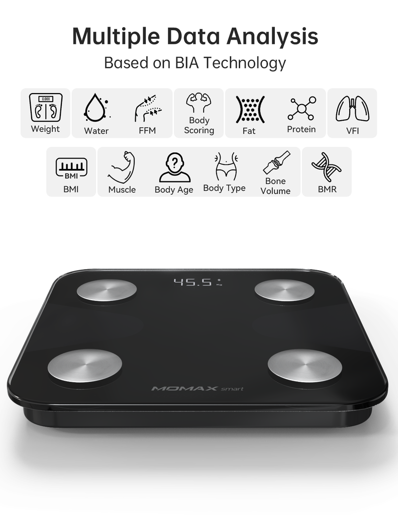 Momax Lite Tracker IoT Body Scale, 13 Body Metrics Analysis - ميزان الجسم موماكس لايت تراكر IoT الذكي, تحليل 13 مؤشرا صحيا