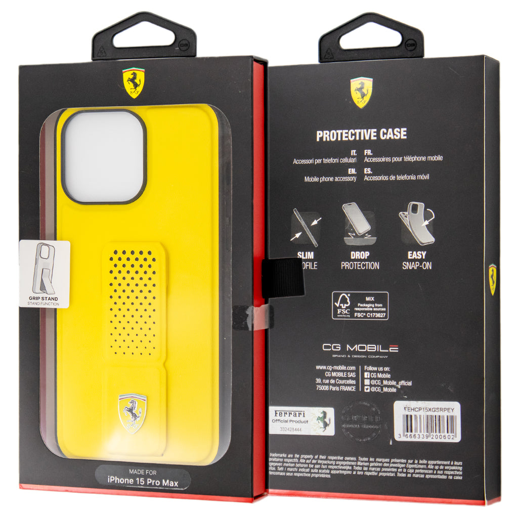 Ferrari Gripstand Case with Perforated Pattern for iPhone 15 Pro Max | كفر فيراري جراب ستاند لهاتف ايفون 15 برو ماكس بنقشة مثقبة