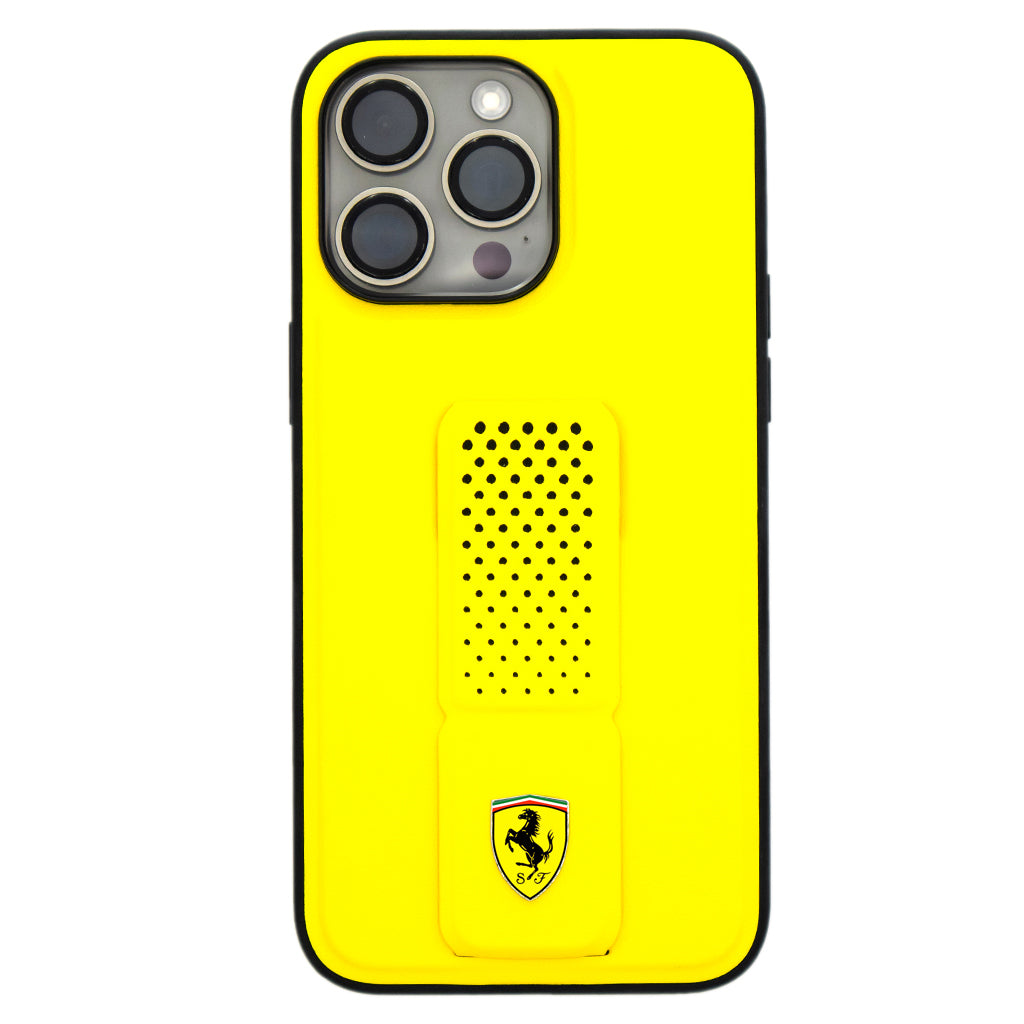 Ferrari Gripstand Case with Perforated Pattern for iPhone 15 Pro Max | كفر فيراري جراب ستاند لهاتف ايفون 15 برو ماكس بنقشة مثقبة
