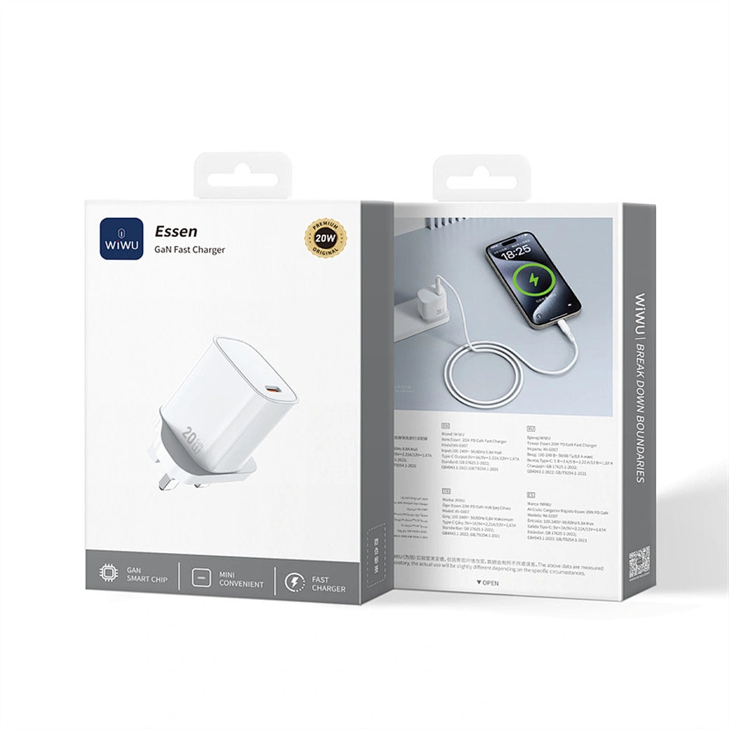 شاحن ويوو GaN سريع بقدرة شحن 20 واط - ابيض | WiWU 20W Essen GaN Fast Charger Wi-G007 UK Standard Wall Charger - White