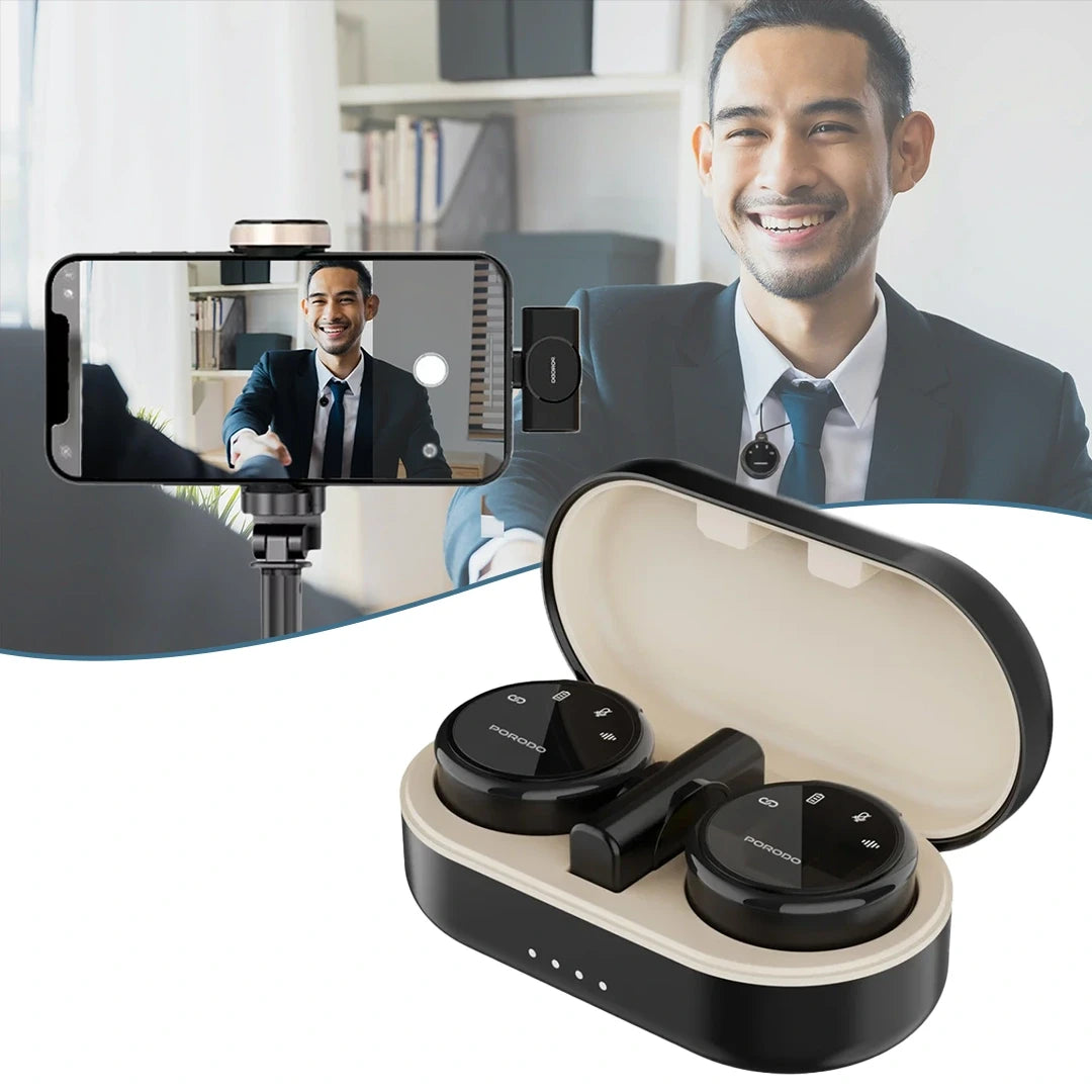 بورودو مايكروفون لاسلكي ثنائي مع علبة شحن - اسود | Porodo Wireless Microphone Dual Mic with Charging Case - Black