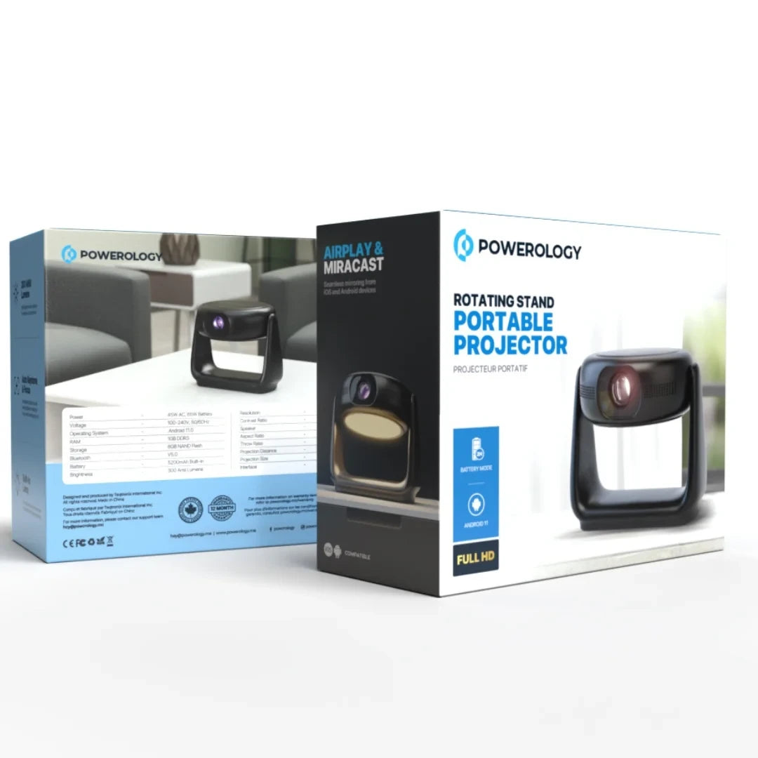 بروجكتور محمول 300 لومن بدقة Full HD من باورولوجي, مع بطارية مدمجة بسعة 5200 مللي امبير | Powerology 300 ANSI Lumens Full HD Portable Projector with 5200 mAh Built-in Battery