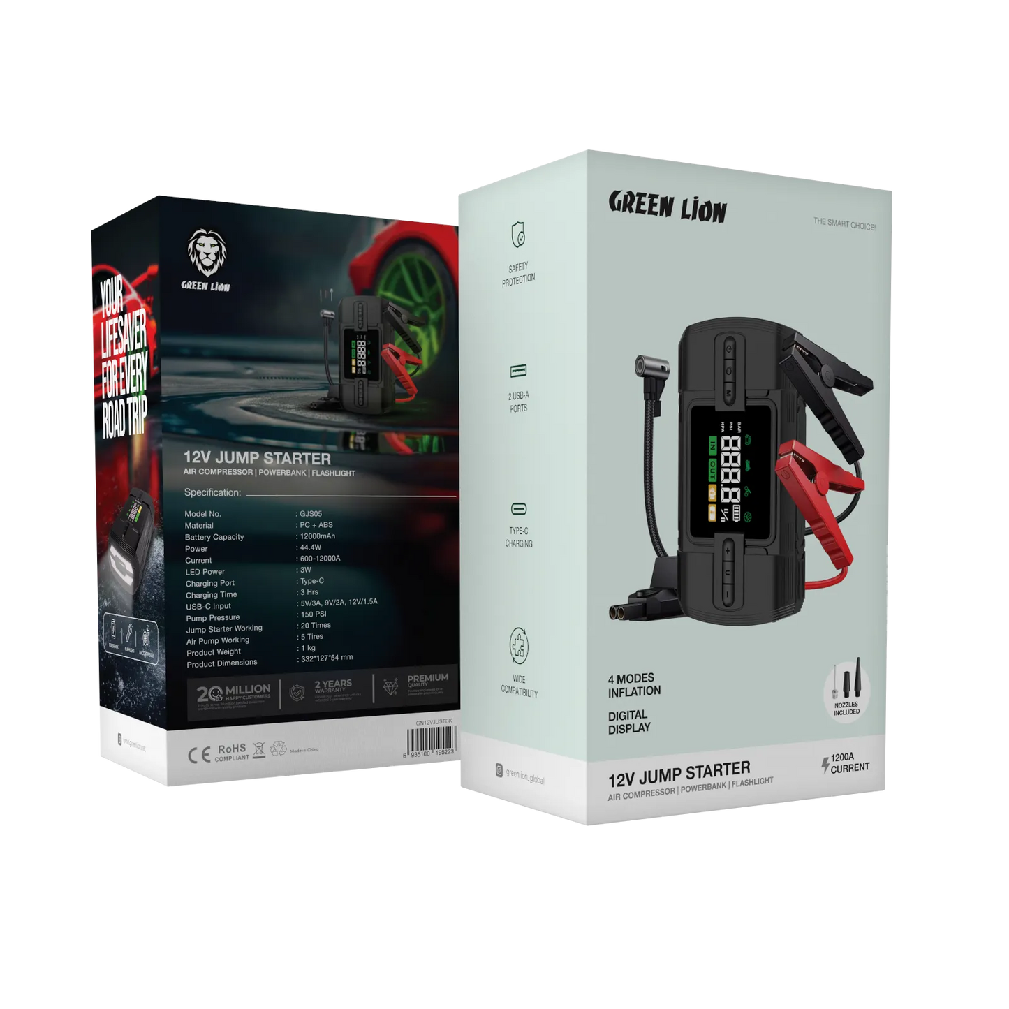 جهاز تشغيل السيارة جرين لايون 12V مع بطارية بسعة 12000 مللي امبير و منفاخ هواء | Green Lion 12V Jump Starter 12000mAh with Air Compressor