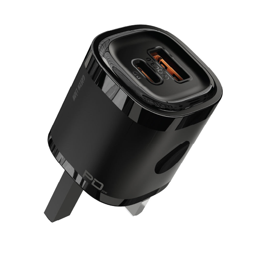 شاحن جداري جرين لايون بمنفذ يو اس بي اي و يو اس بي سي بقدرة شحن 20 واط | Green Lion PD+QC 20W Wall Charger UK Plug.