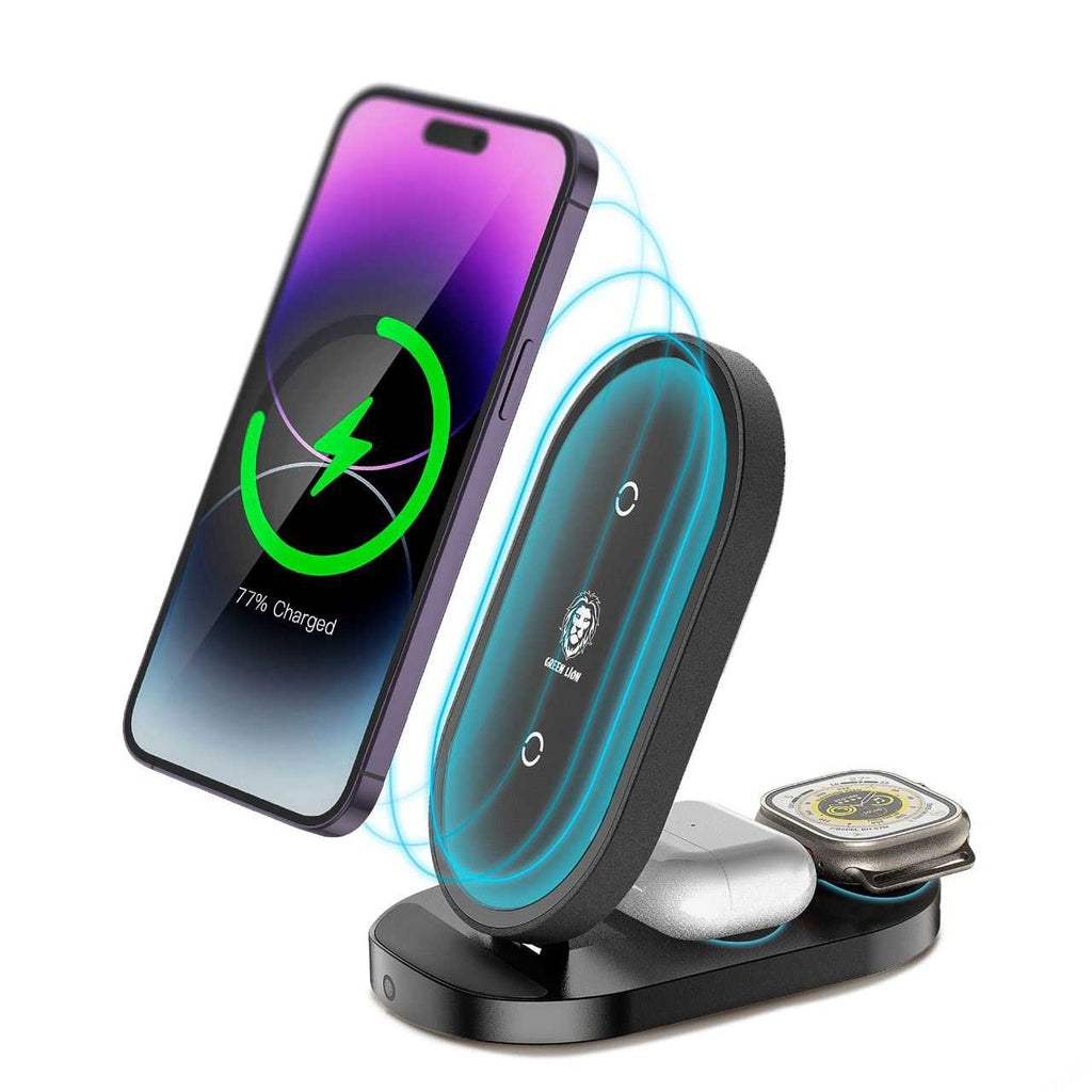 شاحن جرين لايون اللاسلكي 3 في 1 بتصميم قابل للطي وبقدرة شحن 15 واط | Green Lion 3-in-1 Foldable Wireless Charger Stand 15W Fast Charging