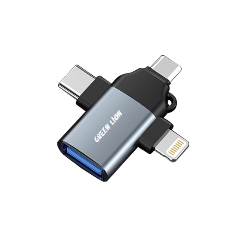محول OTG جرين لايون 3 في 1 بمنافذ لايتننغ ومايكرو وتايب سي - رمادي | Green Lion 3-in-1 OTG Adapter – Lightning / Micro / Type-C - Gray