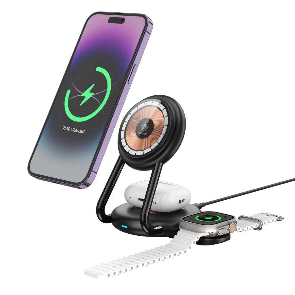 قاعدة شحن جرين لايون 3 في 1 بقدرة شحن 15 واط - اسود | Green Lion 3 in 1 MagCharge Hub 15W - Black