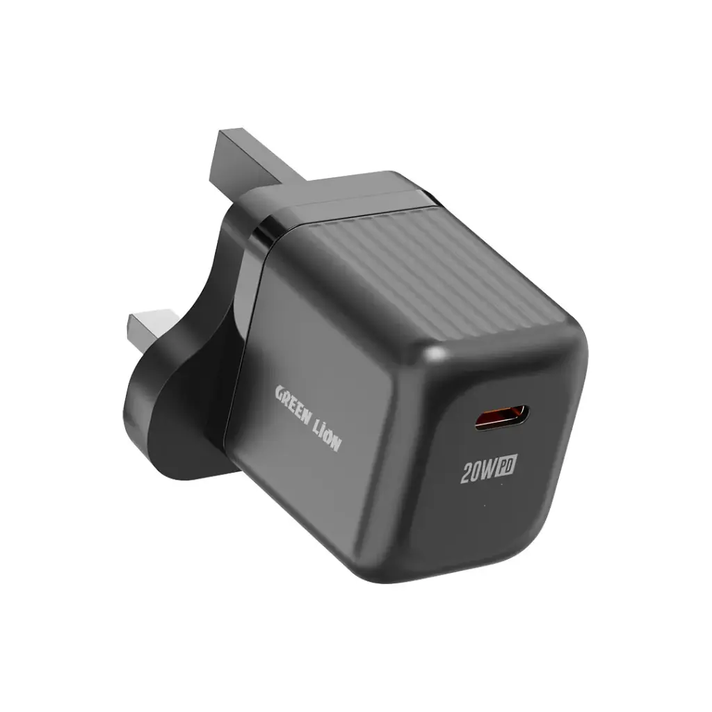 شاحن جداري صغير من جرين لايون بمنفذ يو اس بي سي بقدرة 20 واط - اسود | Green Lion Ultra Compact GaN Wall Charger UK Pin USB-C PD 20W – Black.