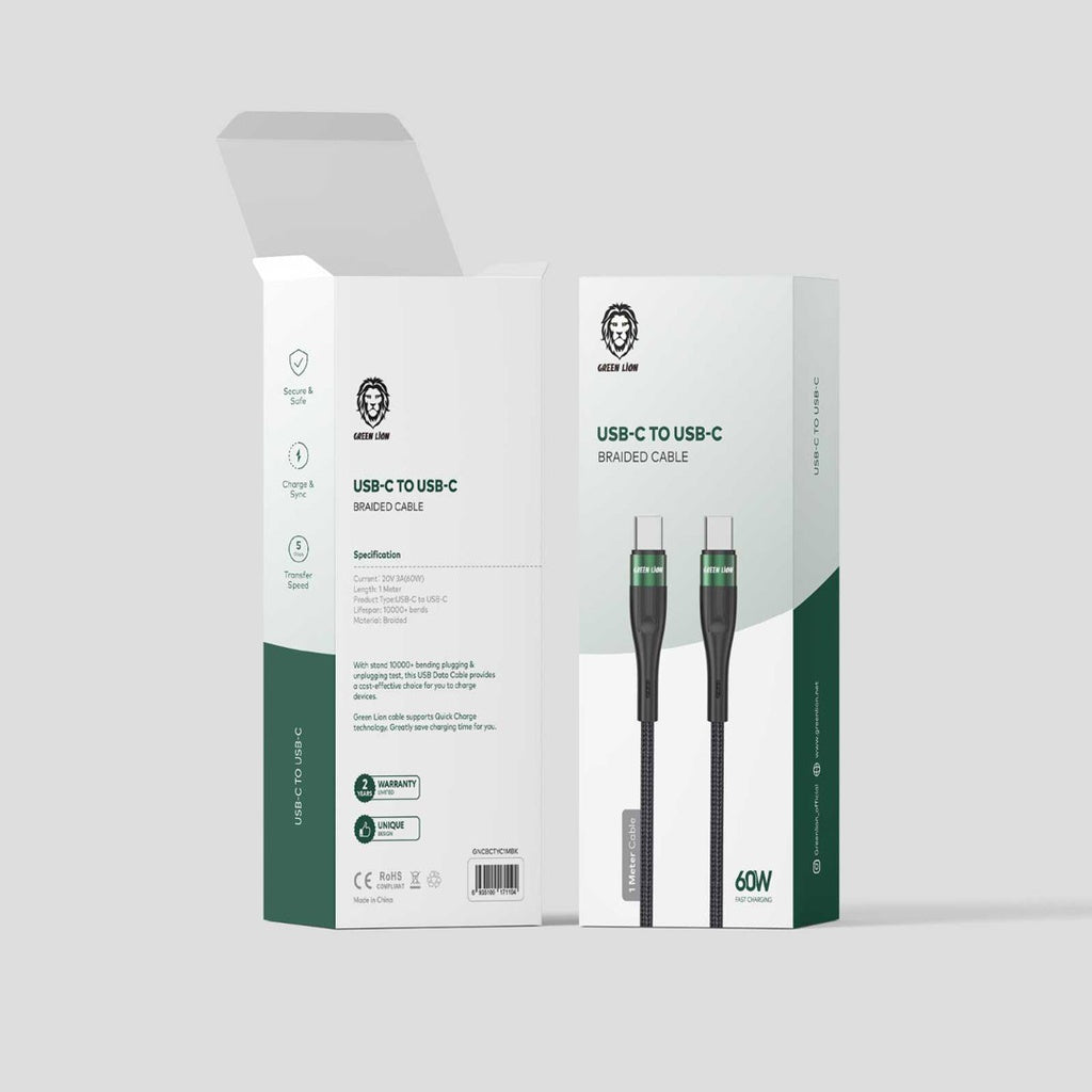 كيبل جرين لايون يو اس بي سي الى يو اس بي سي بقدرة 60 واط وطول 1 متر - اسود | Green Lion USB-C to Type-C Braided Cable 1M PD 60W - Black
