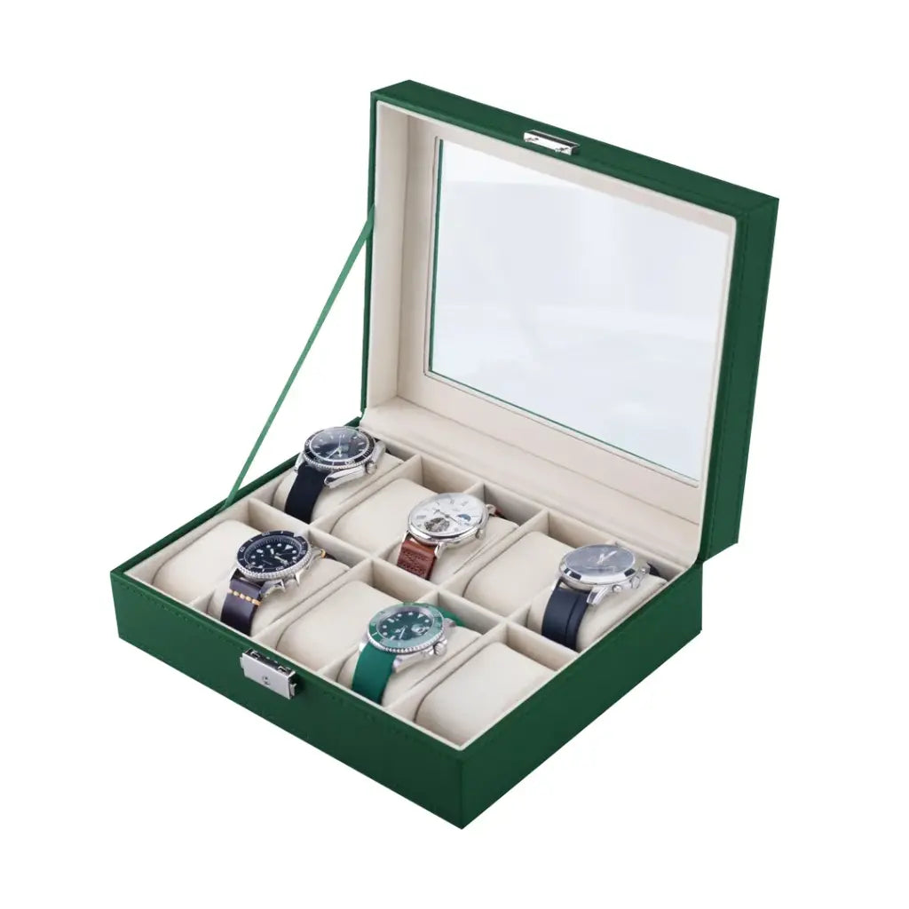 صندوق منظم ساعات من جرين ليون كلاسيك ب 10 مقصورات - اخضر | Green Lion classic Watch Box 10 slots with Glass - Green