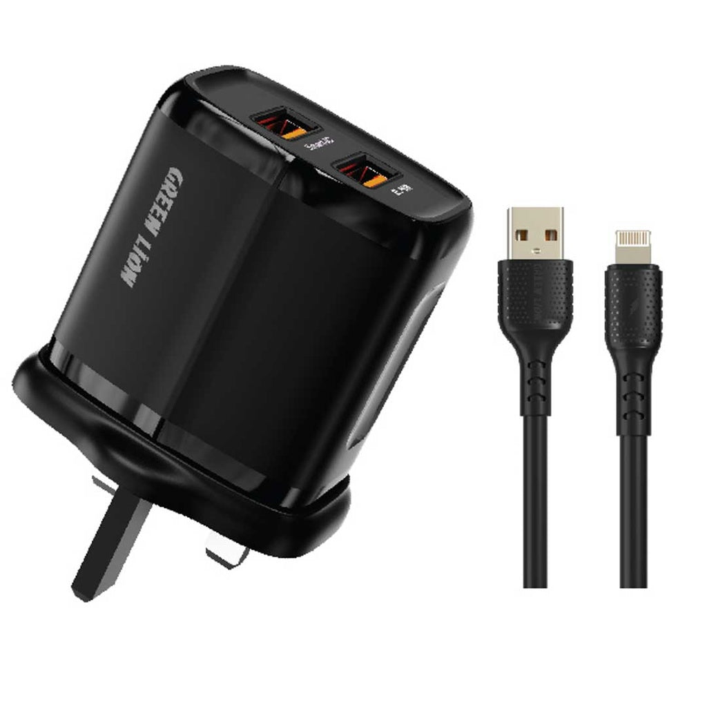 شاحن جرين لايون ثنائي المنفذ مع كيبل لايتننغ بطول 1 متر - اسود | Green Lion 2USB 2.4A Fast Charging + USB-A to Lightning Data Cable 1m – Black
