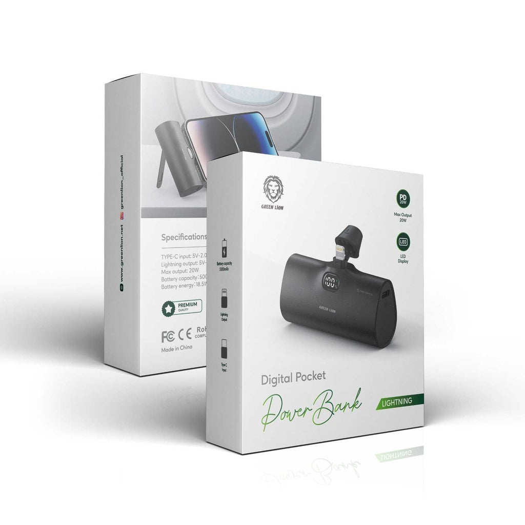باور بانك جرين لايون ديجيتال بوكيت بسعة 5000 مللي امبير وبقدرة شحن 20 واط, منفذ لايتننغ - اسود | Green Lion Digital Pocket Power Bank 5000mAh PD 20W with Lightning Connector - Black