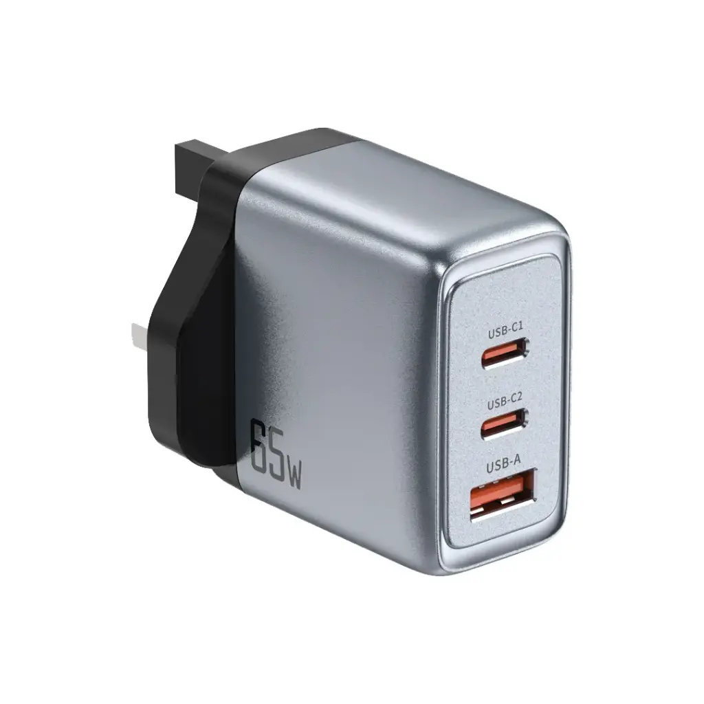 شاحن جداري جرين لايون GaN بريميوم بقدرة شحن 65 واط - رمادي | Green Lion GaN Premium UK Plug Wall Charger 65W - Gray