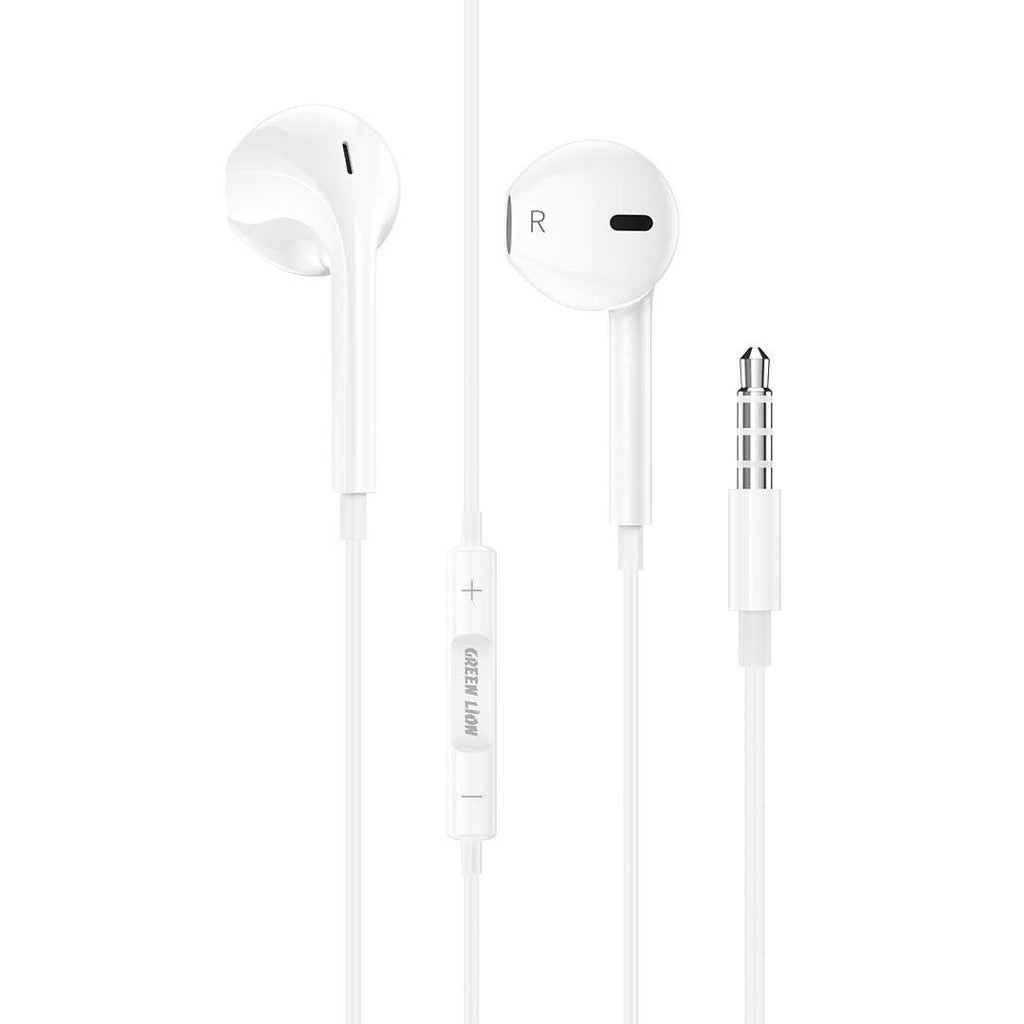 سماعات جرين لايون ستيريو السلكية بمنفذ 3.5 ملم مع مايكروفون مدمج - ابيض | Green Lion Stereo Earphones 3.5mm with Built-In Mic - White