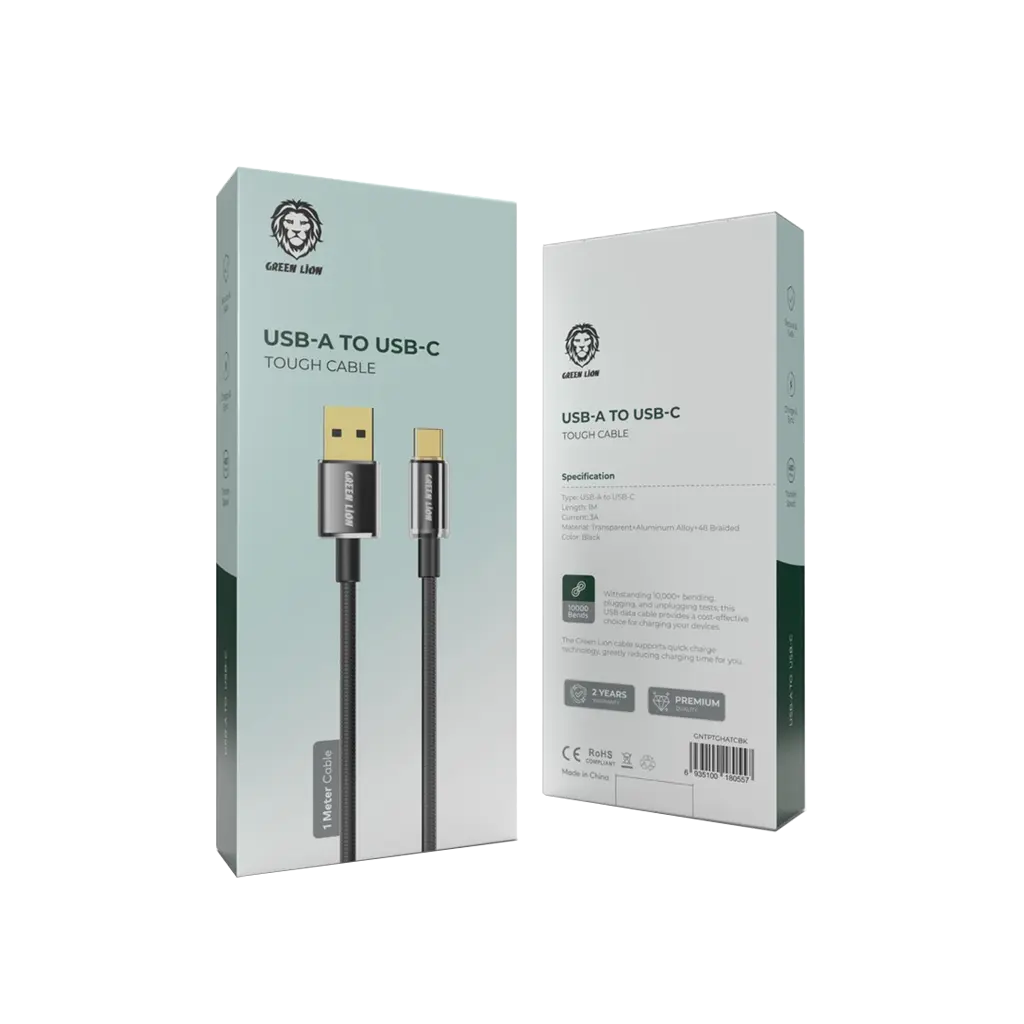 كيبل جرين لايون يو اس بي اي الى يو اس بي سي بطول 1 متر - اسود | Green Lion USB-A to USB-C Tough Cable 1M 3A - Black