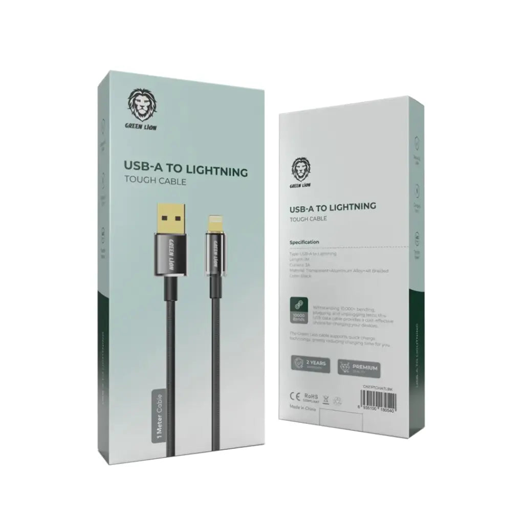 كيبل جرين لايون يو اس بي اي الى لايتننغ بطول 1 متر - اسود | Green Lion USB-A to Lightning Touch Cable 1M 3A - Black