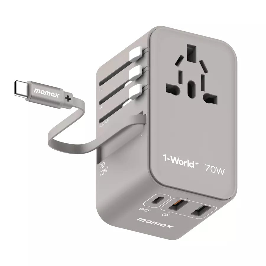 Momax 1-World+ 70W GaN 3-Port Charger with Built-in USB-C Cable - شاحن GaN موماكس 1-world بلس بقدرة 70 واط, شاحن سفر عالمي ب 3 منافذ مع كيبل USB-C