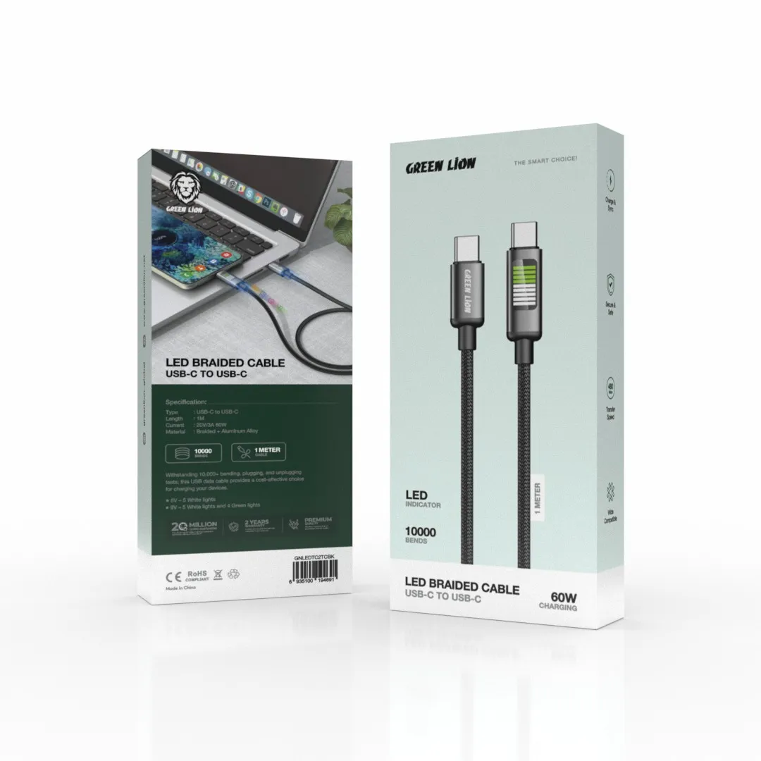 كيبل جرين لايون مضفر يو اس بي سي الى يو اس بي سي بمؤشر LED - اسود | Green Lion LED Braided Cable USB-C to USB-C - Black
