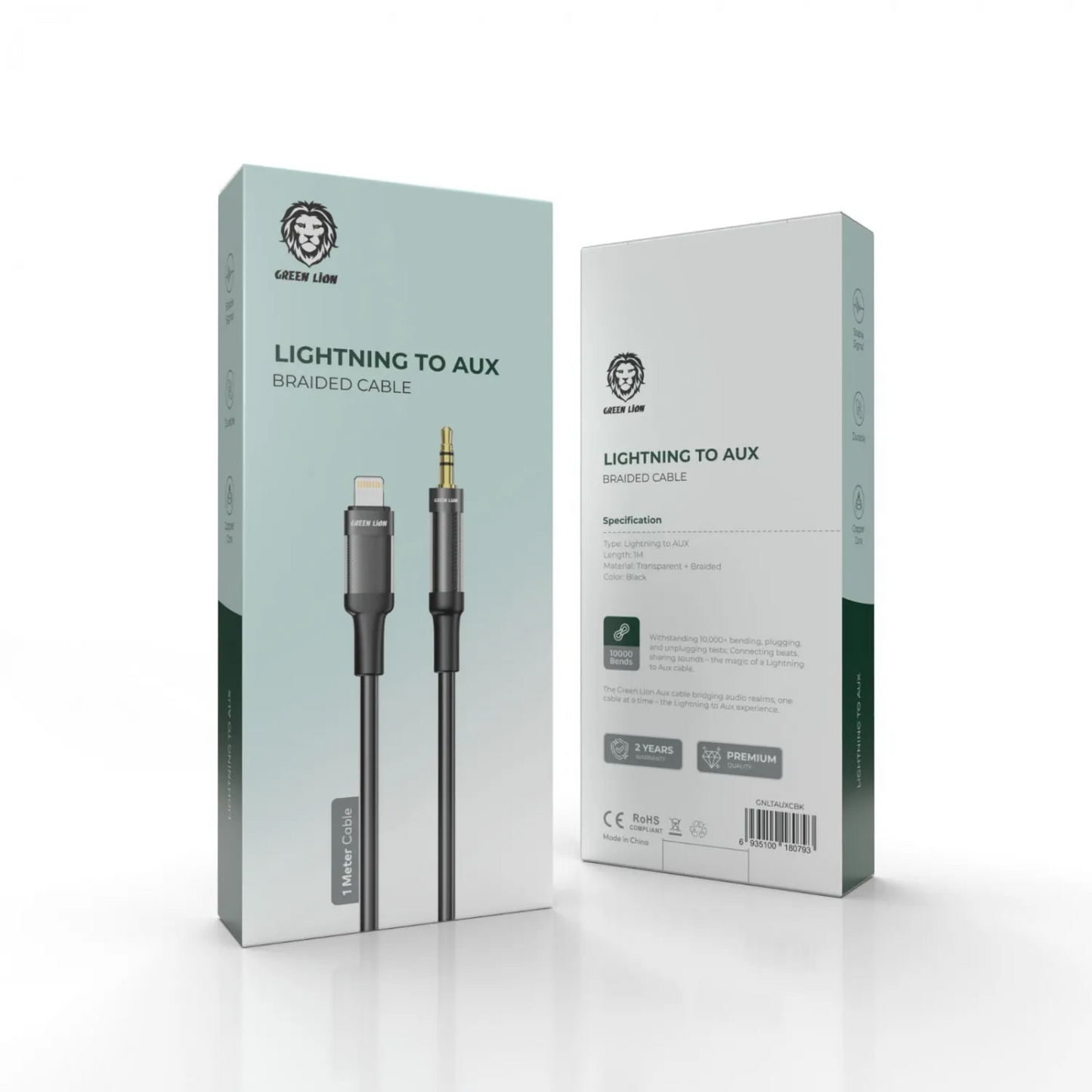 كيبل جرين لايون لايتننغ الى AUX بطول 1 متر - اسود | Green Lion Lightning to AUX Braided Cable 1M - Black