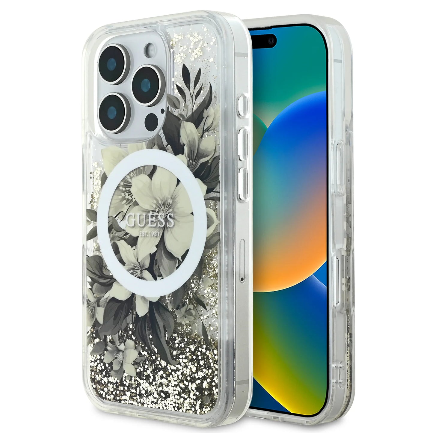 GUESS MagSafe Liquid Glitter Hard Case with Flower Design for iPhone 16 Pro | كفر GUESS صلب بلمعة سائلة وتصميم ازهار مع دعم ماج سيف لهاتف ايفون 16 برو