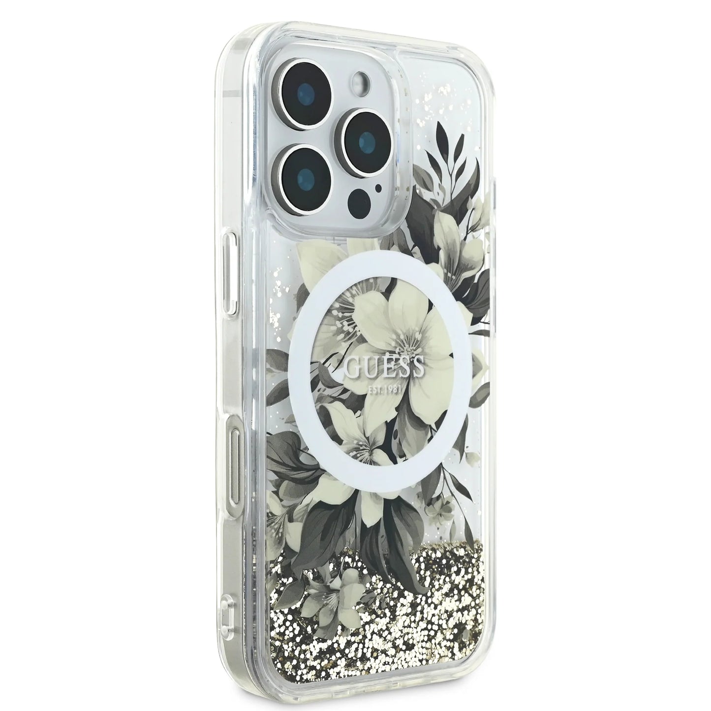 GUESS MagSafe Liquid Glitter Hard Case with Flower Design for iPhone 16 Pro | كفر GUESS صلب بلمعة سائلة وتصميم ازهار مع دعم ماج سيف لهاتف ايفون 16 برو