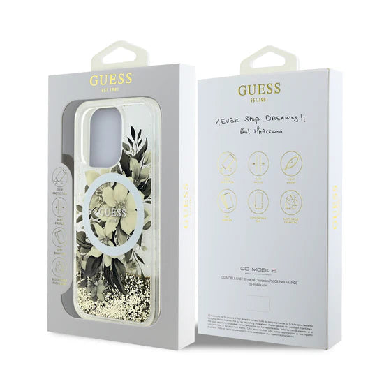 GUESS MagSafe Liquid Glitter Hard Case with Flower Design for iPhone 16 Pro | كفر GUESS صلب بلمعة سائلة وتصميم ازهار مع دعم ماج سيف لهاتف ايفون 16 برو