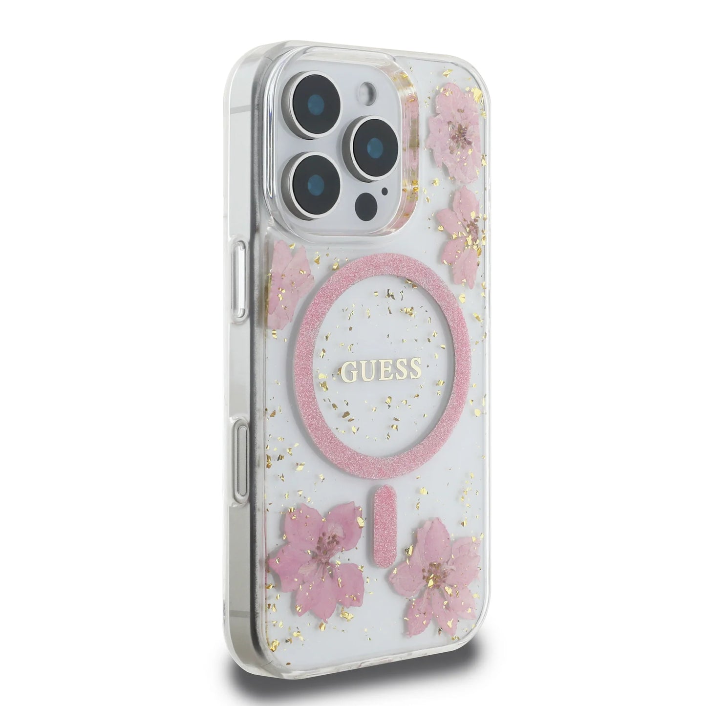 GUESS MagSafe Hard Case with Resin Flowers Design for iPhone 16 Pro | كفر GUESS صلب مزين بزهور الريزن. متوافق مع ماج سيف لهاتف ايفون 16 برو