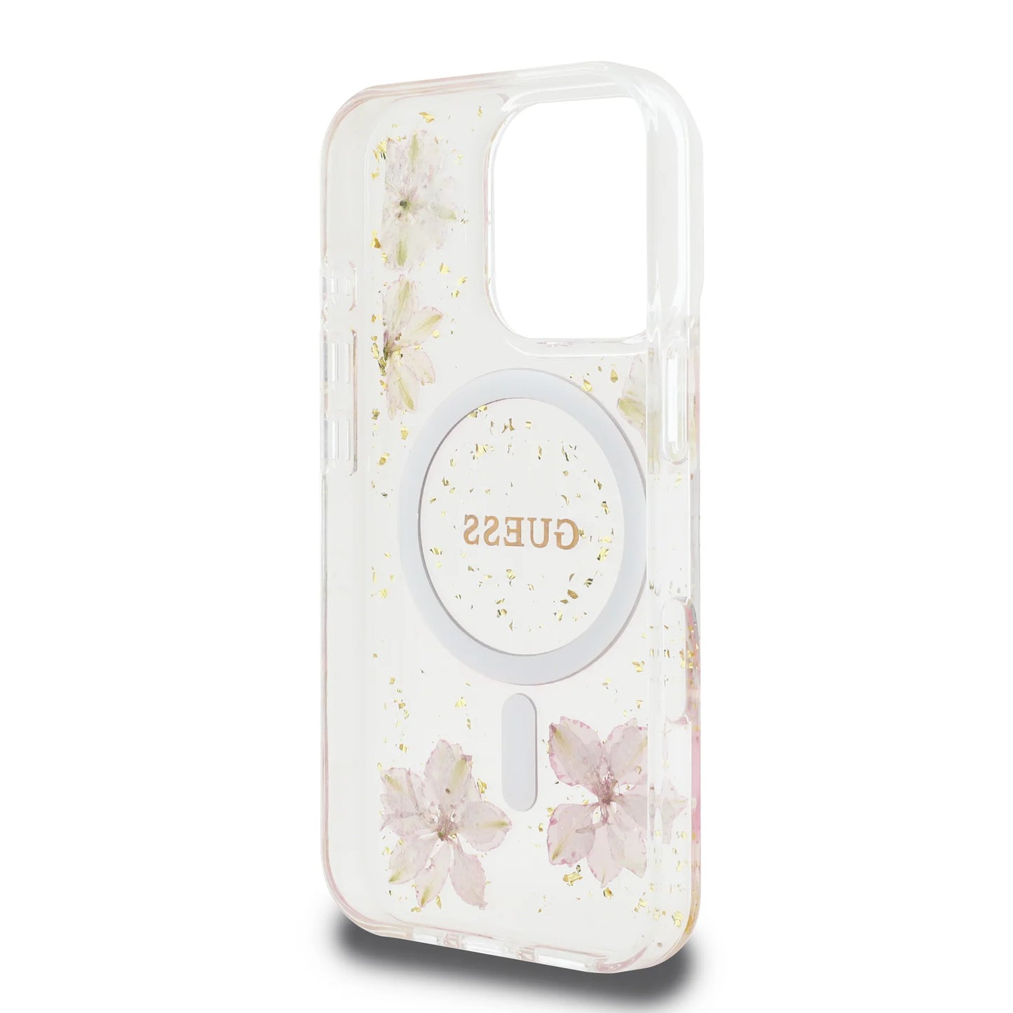 GUESS MagSafe Hard Case with Resin Flowers Design for iPhone 16 Pro | كفر GUESS صلب مزين بزهور الريزن. متوافق مع ماج سيف لهاتف ايفون 16 برو