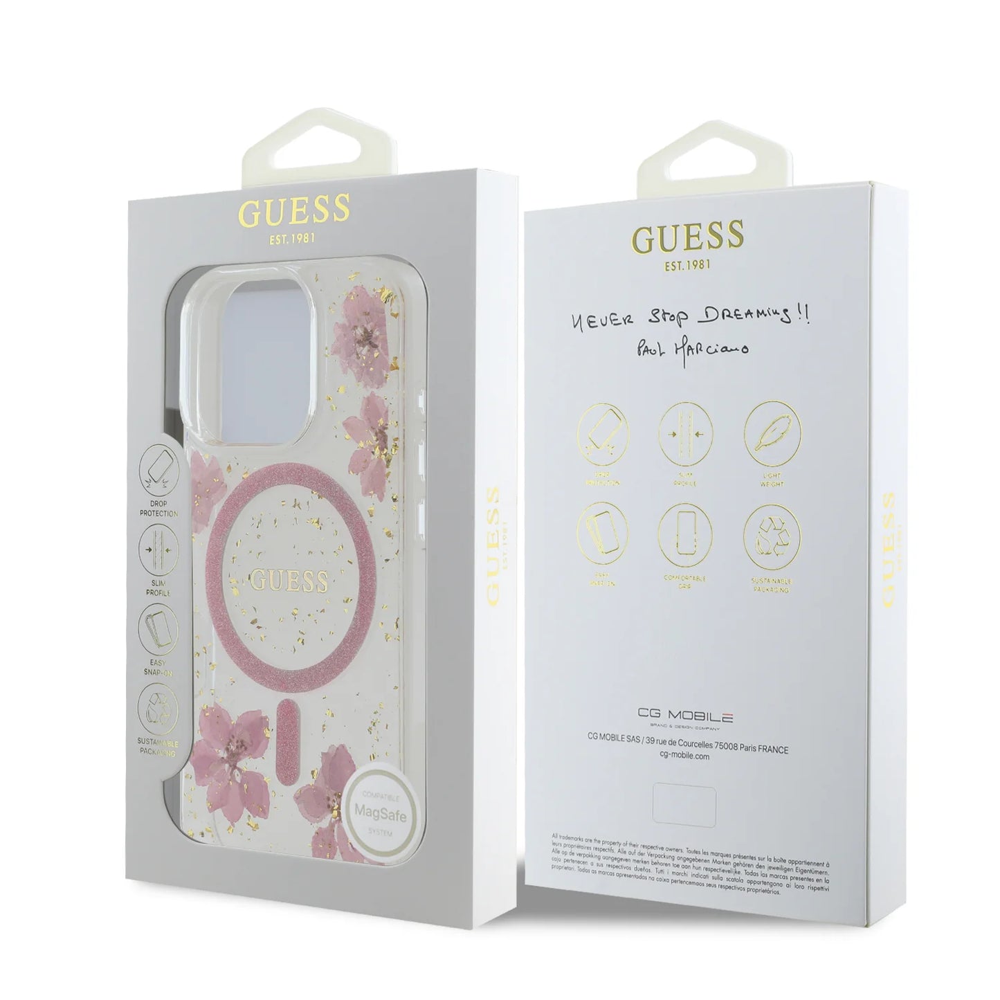 GUESS MagSafe Hard Case with Resin Flowers Design for iPhone 16 Pro | كفر GUESS صلب مزين بزهور الريزن. متوافق مع ماج سيف لهاتف ايفون 16 برو