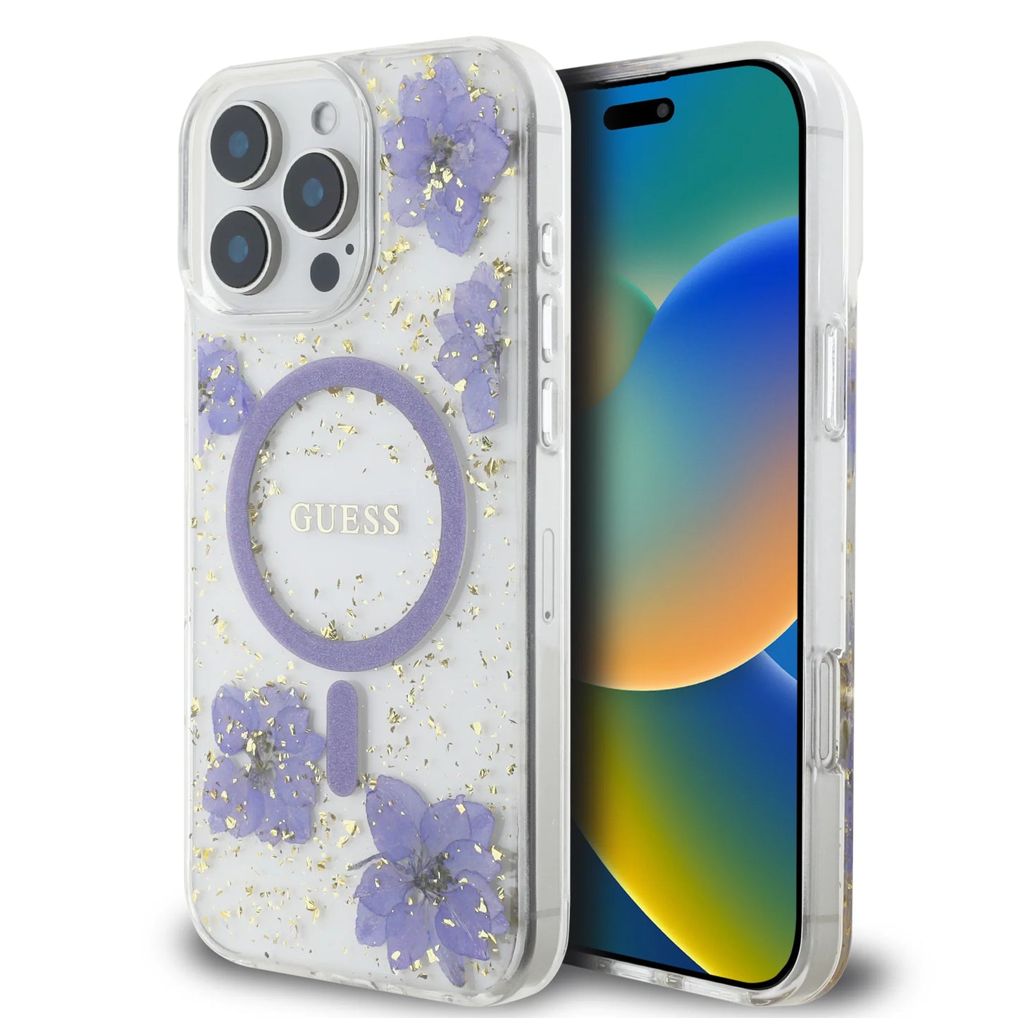 GUESS MagSafe Hard Case with Resin Flowers Design for iPhone 16 Pro | كفر GUESS صلب مزين بزهور الريزن. متوافق مع ماج سيف لهاتف ايفون 16 برو