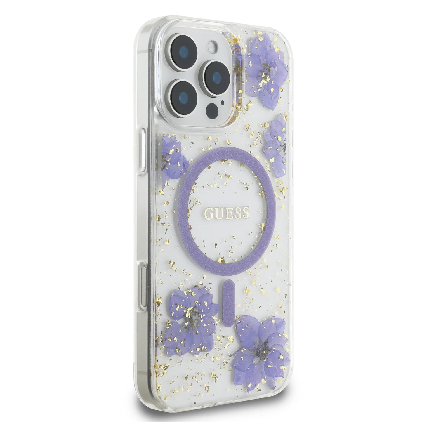 GUESS MagSafe Hard Case with Resin Flowers Design for iPhone 16 Pro | كفر GUESS صلب مزين بزهور الريزن. متوافق مع ماج سيف لهاتف ايفون 16 برو