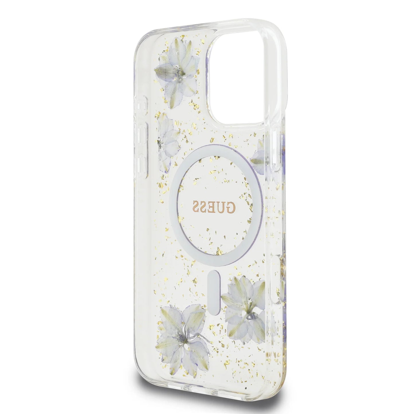 GUESS MagSafe Hard Case with Resin Flowers Design for iPhone 16 Pro | كفر GUESS صلب مزين بزهور الريزن. متوافق مع ماج سيف لهاتف ايفون 16 برو