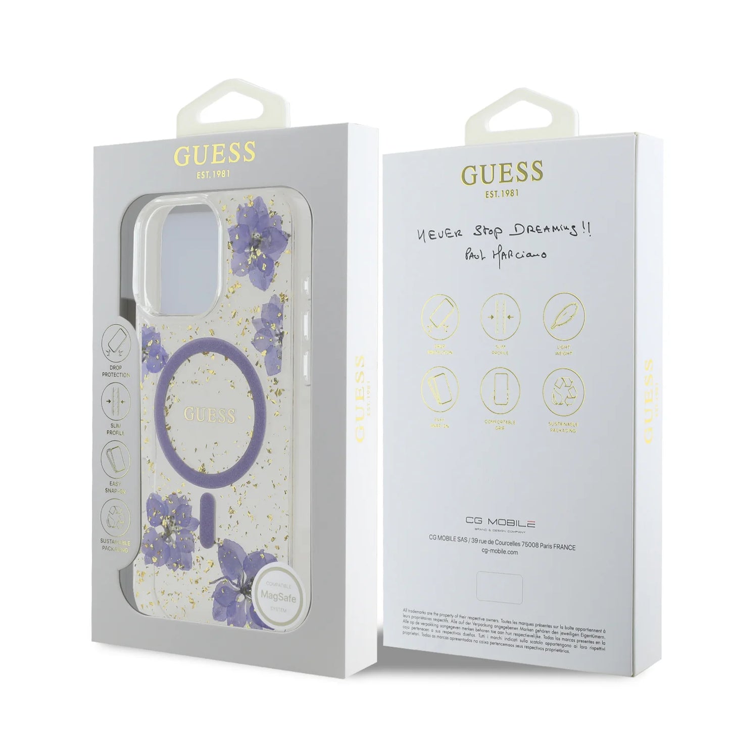 GUESS MagSafe Hard Case with Resin Flowers Design for iPhone 16 Pro | كفر GUESS صلب مزين بزهور الريزن. متوافق مع ماج سيف لهاتف ايفون 16 برو