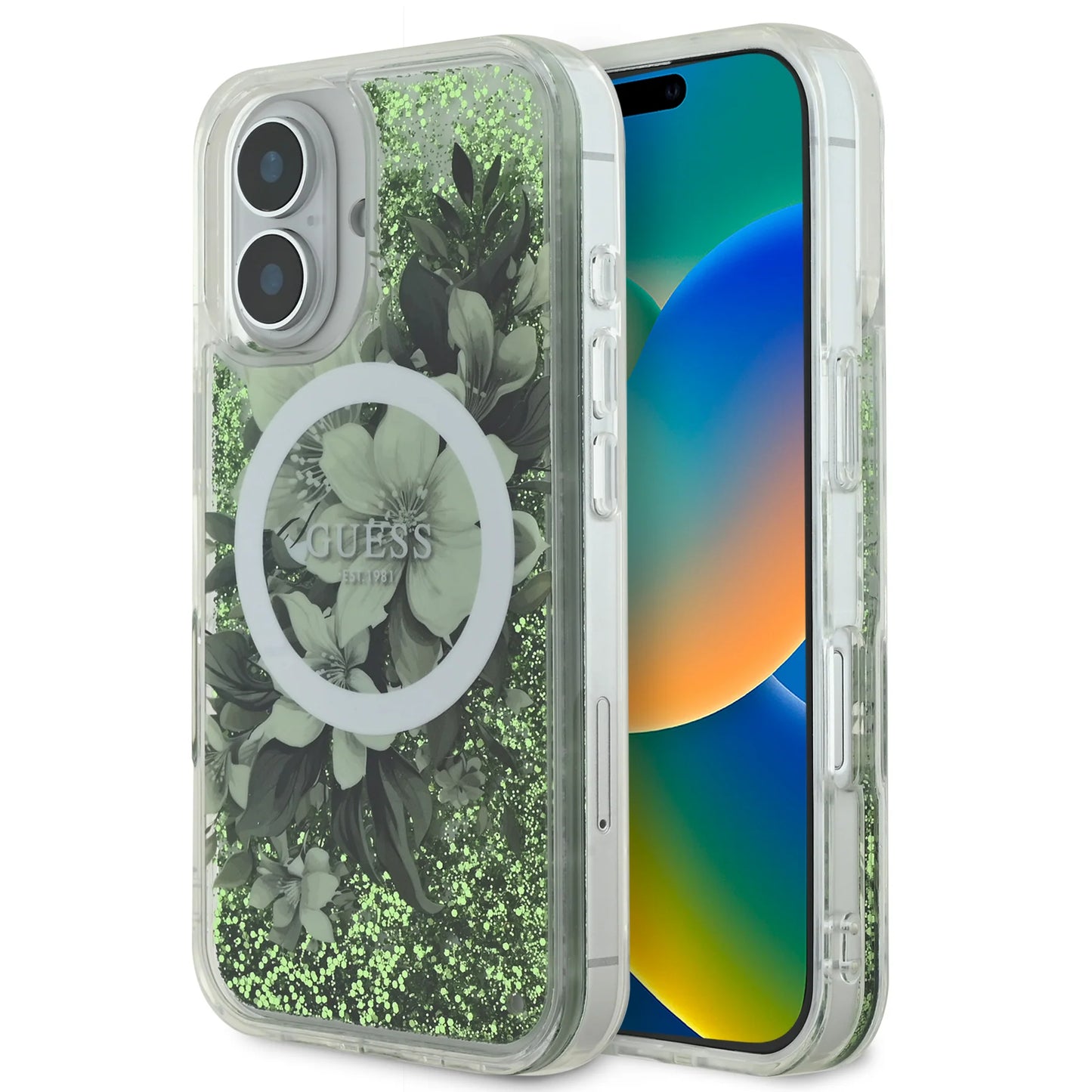 GUESS MagSafe Liquid Glitter Hard Case with Flower Design for iPhone 16 Pro | كفر GUESS صلب بلمعة سائلة وتصميم ازهار مع دعم ماج سيف لهاتف ايفون 16 برو