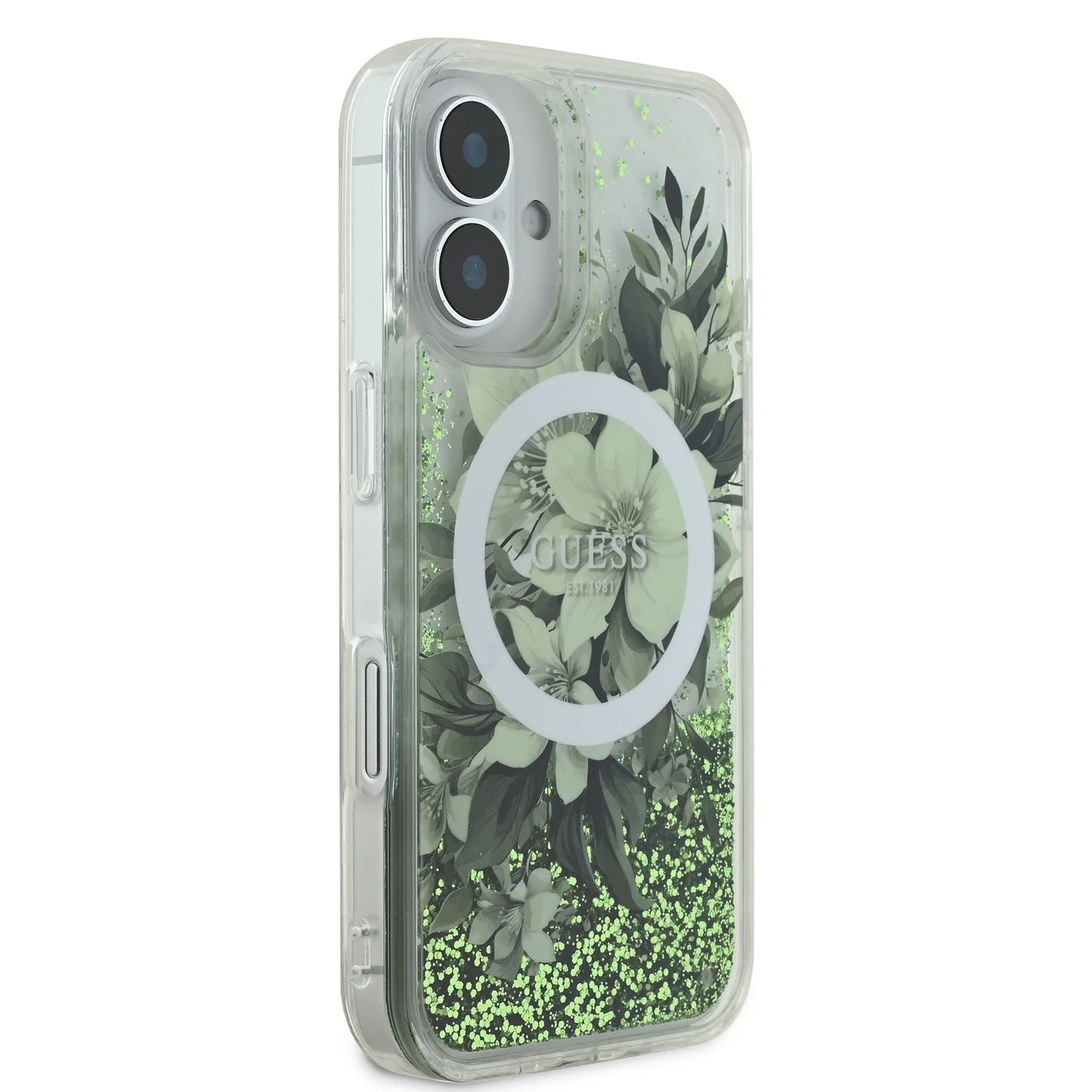 GUESS MagSafe Liquid Glitter Hard Case with Flower Design for iPhone 16 Pro | كفر GUESS صلب بلمعة سائلة وتصميم ازهار مع دعم ماج سيف لهاتف ايفون 16 برو