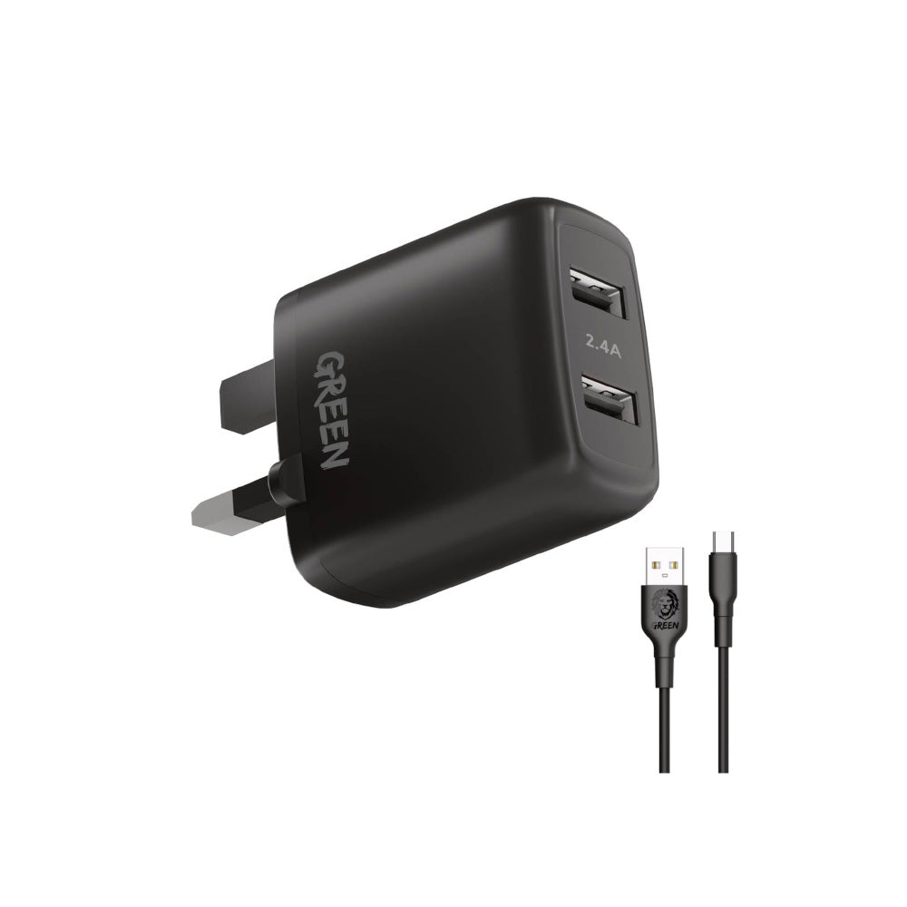 شاحن جرين لايون ثنائي المنفذ بقدرة 12 واط مع كيبل يو اس بي اي الى تايب سي بطول 1.2 متر - اسود | Green Lion Dual USB Port Wall Charger 12W UK with PVC Type-C Cable 1.2M – Black